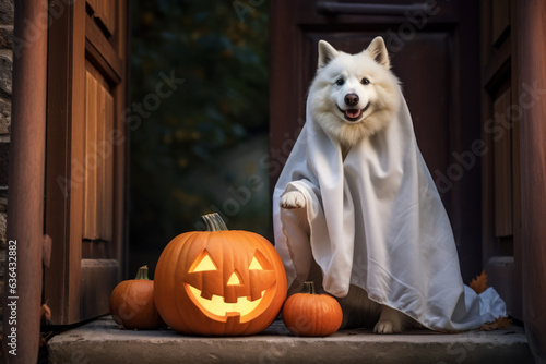 Halloween ghost dog trick or treat. Halloween background. Generative AI. © GustavsMD