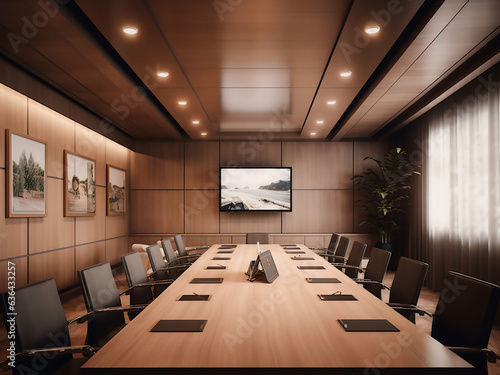 Elegant beige conference room, complete with furniture. AI Generated.