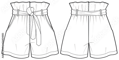 Womens paper bag waist shorts front and back view flat sketch fashion illustration drawing vector template