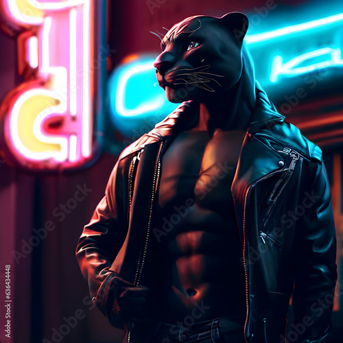 A hot and cute panther in a leather jacket stands in the  street in front of a neon sign 'black panther' photo