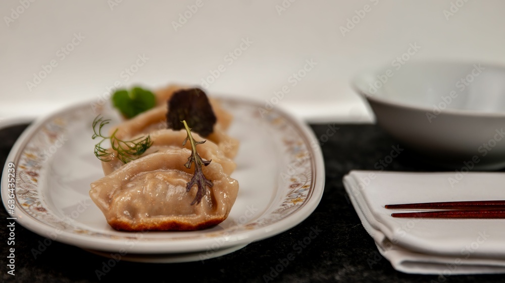 Close-up of a plate full of delicious gyoza dumplings