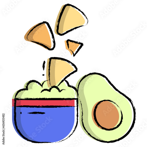 Hand drawn nachos with avocado dip icon