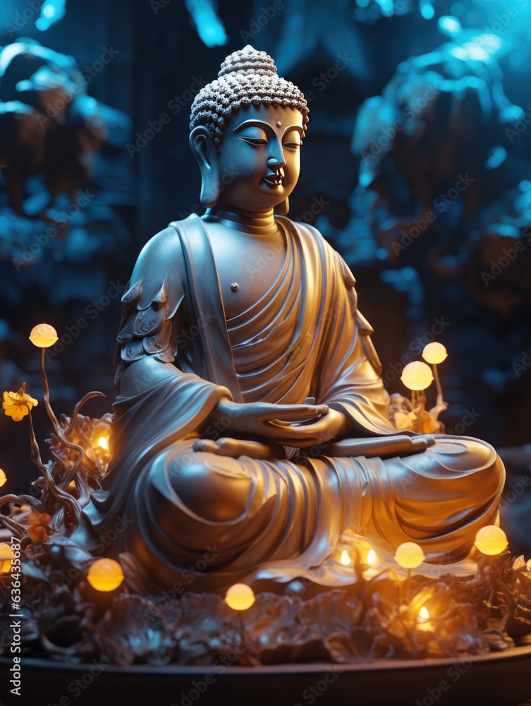 Buddha statue transcendental spiritual meditation with aura, banner yellow light.