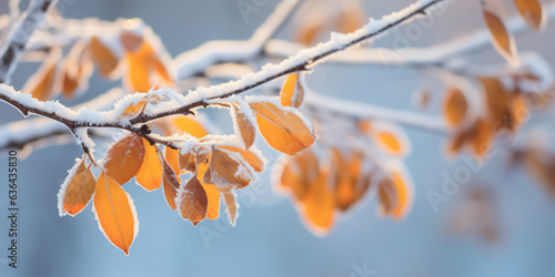 Beautiful branch with orange and yellow leaves in late fall or early winter under the snow. First snow, snow flakes fall, gentle blurred romantic light blue background for design. 