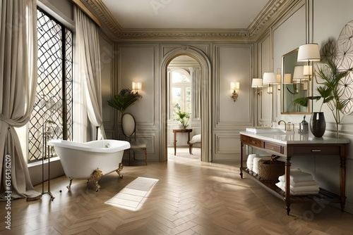 luxury bathroom with bathtub in the bed room