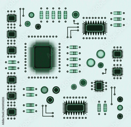Monochrome printed circuit board with green radio components. Geometric background with electrical components. Illustration. photo