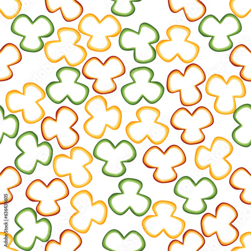 Set of seamless vector patterns with fruits and vegetables Sliced ​​sweet pepper, cute design. Modern bright colors for cover paper, interior fabrics, backgrounds, and other users.