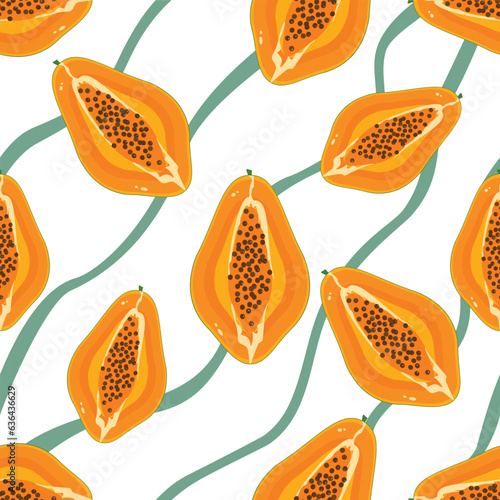Set of seamless vector patterns with fruits, vegetables, papayas, and cute half-cut designs. Modern bright colors for cover paper, interior fabrics, backgrounds, and other users.
