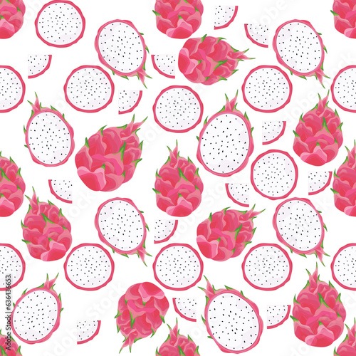 Set of seamless vector patterns with dragon fruit. Half-cut style. Cute design. Modern bright colors for paper, fabric, and interior decoration. background wallpaper and other users.