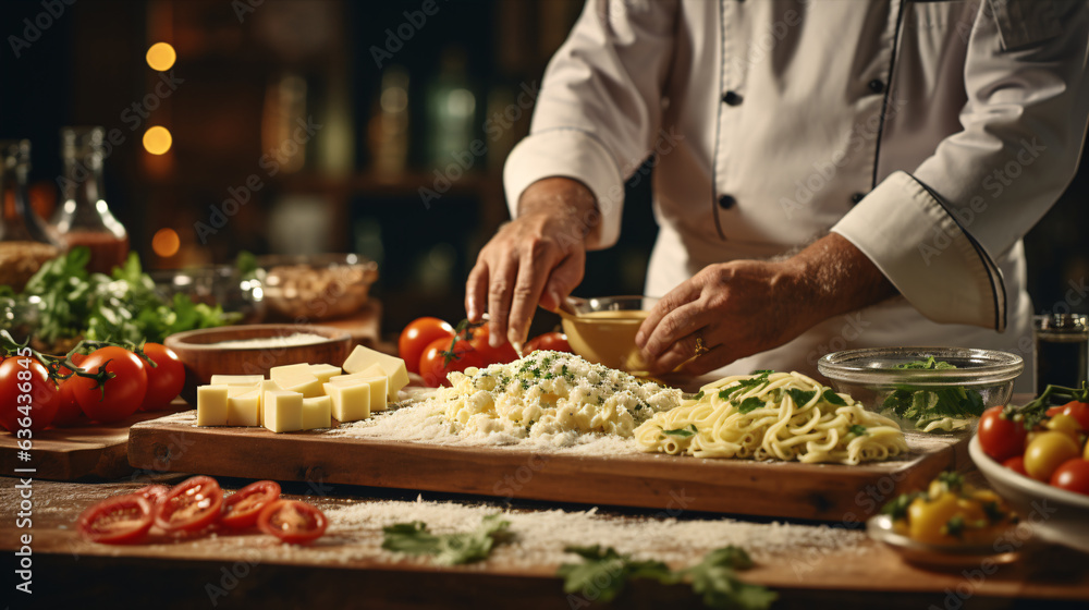 Hands of Chef cooking. Italian pasta with parmesan cheese in dish on wooden table background