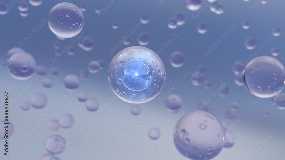 3D rendering Cosmetics Blue Serum bubbles on defocus background. Collagen bubbles Design. Essentials of Moisturizing and Serum Concept. Vitamin for beauty and health concept. 