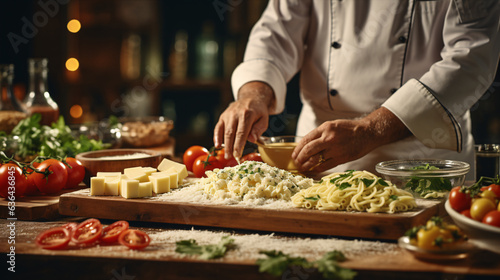 Hands of Chef cooking. Italian pasta with parmesan cheese in dish on wooden table background