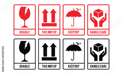 Fragile package icons set, handle with care logistics and delivery shipping labels. Fragile box, keep dry umbrella, cargo warning vector signs