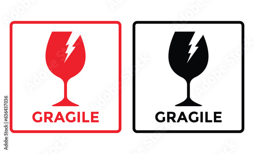 Fragile flat icon with crack and black red frame isolated on white background. Fragile package symbol. Label vector illustration