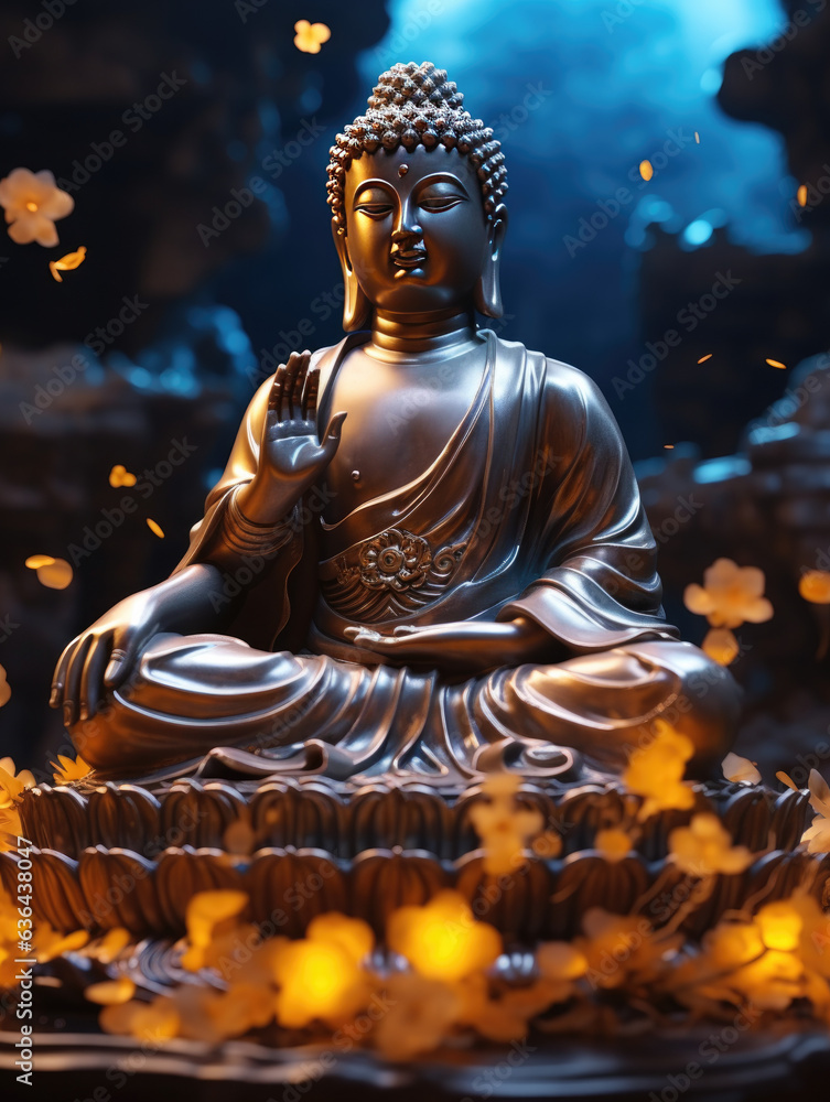 Buddha statue transcendental spiritual meditation with aura, banner yellow light.