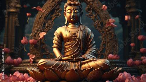 Buddha statue transcendental spiritual meditation with aura, banner yellow light. photo