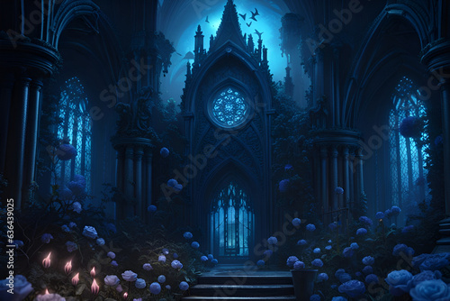 Print op canvas Gothic cathedral with blue roses and candlelight
