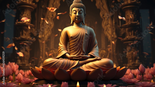 Buddha statue transcendental spiritual meditation with aura, banner yellow light. photo