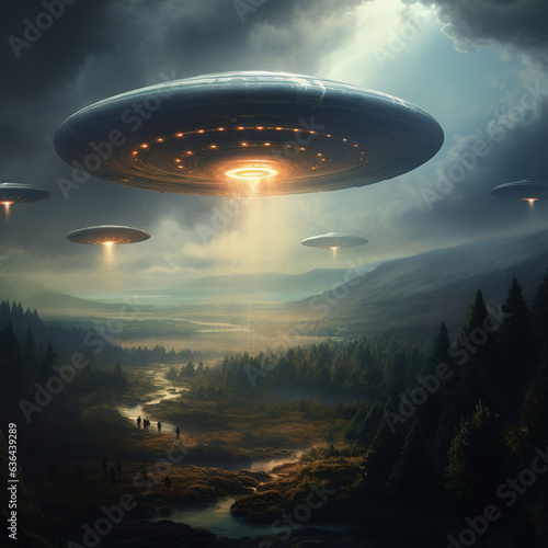 UFO in the sky over the mountain range. Space flying objects and people near the river.