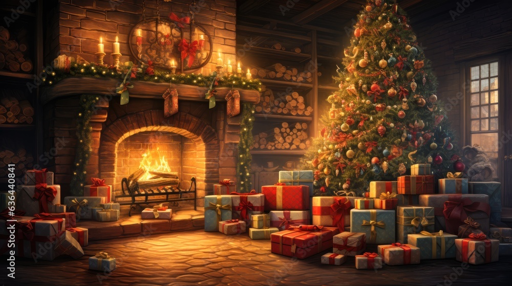 christmas tree with christmas gift stack in a cozy living room setting, with a warm fireplace glowing in the background, evoking the holiday spirit christmas tree with christmas gift stack in a cozy living room setting, with a warm fireplace glowing in the background, evoking the holiday spirit