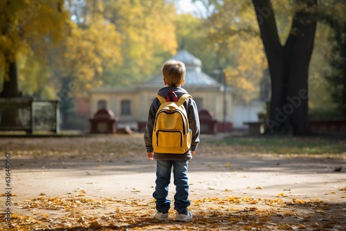 Boy with rucksack infront of a school building. Child with a backpack