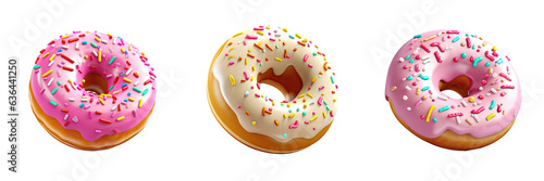 elements of realistic glazed donuts with sprinkles isolated on transparent background