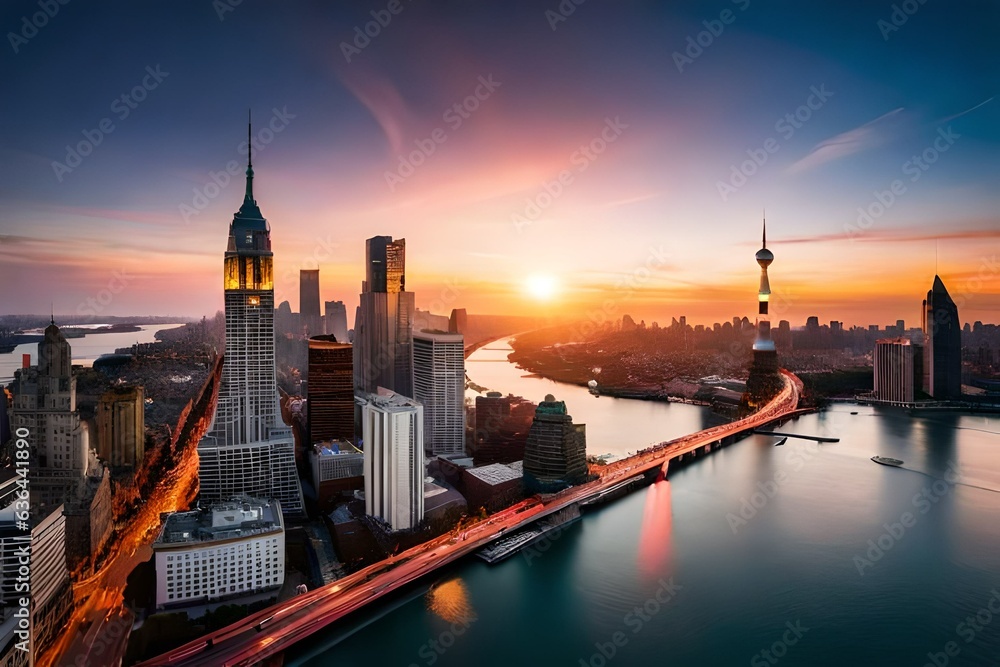 Obraz premium city skyline at sunset generated Ai.