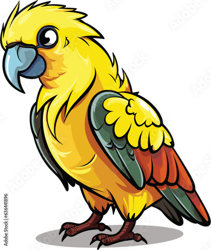 Vector of a cheerful cartoon parrot with a yellow head and wings on a white background