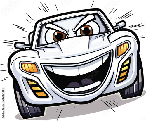 Cartoon white car with a competitive expression, featuring a wide smile