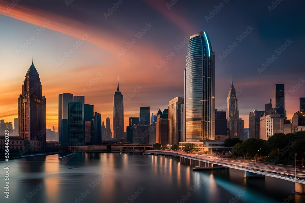 Fototapeta premium city skyline at sunset generated Ai.