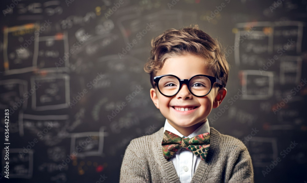 A content, smiling youngster captured in a school portrait, set against the backdrop of a blackboard