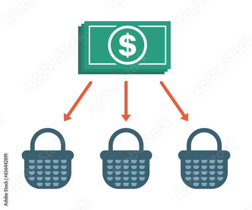 Allocation business icon. Diversification money concept. Financial investment illustration. US dollar banknotes with arrows and baskets. Color flat design.