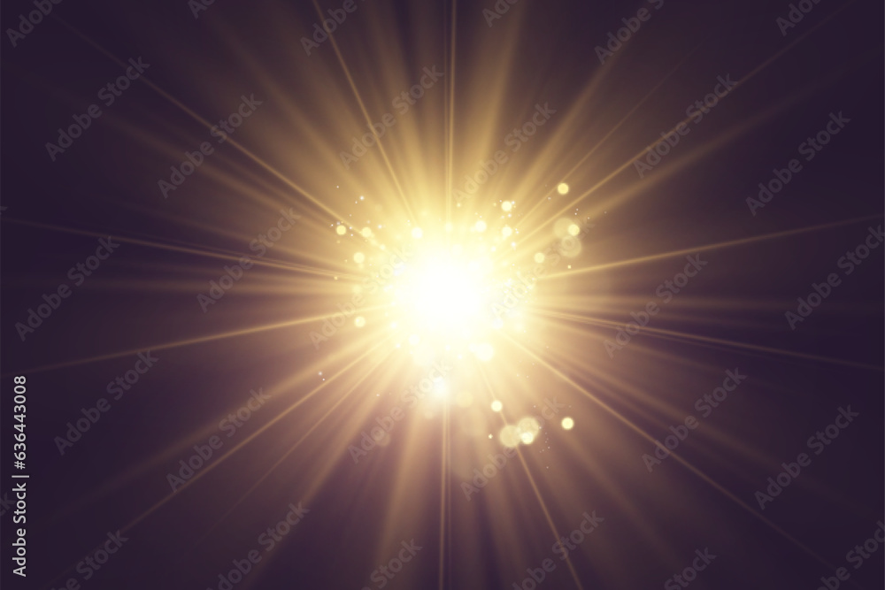Special lens flash, light effect. The flash flashes rays and searchlight. illust.White glowing light. Beautiful star Light from the rays. The sun is backlit. Bright beautiful star. Sunlight.	
