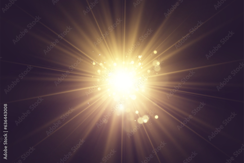 Obraz premium Special lens flash, light effect. The flash flashes rays and searchlight. illust.White glowing light. Beautiful star Light from the rays. The sun is backlit. Bright beautiful star. Sunlight. 