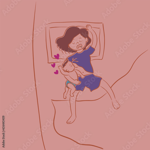 Sleepy mom breastfeeding her baby