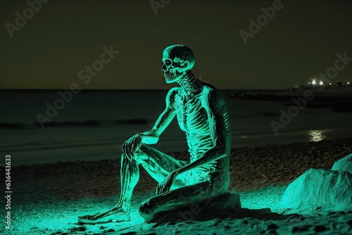 Sculpture of a skeleton sitting on the beach at night photo