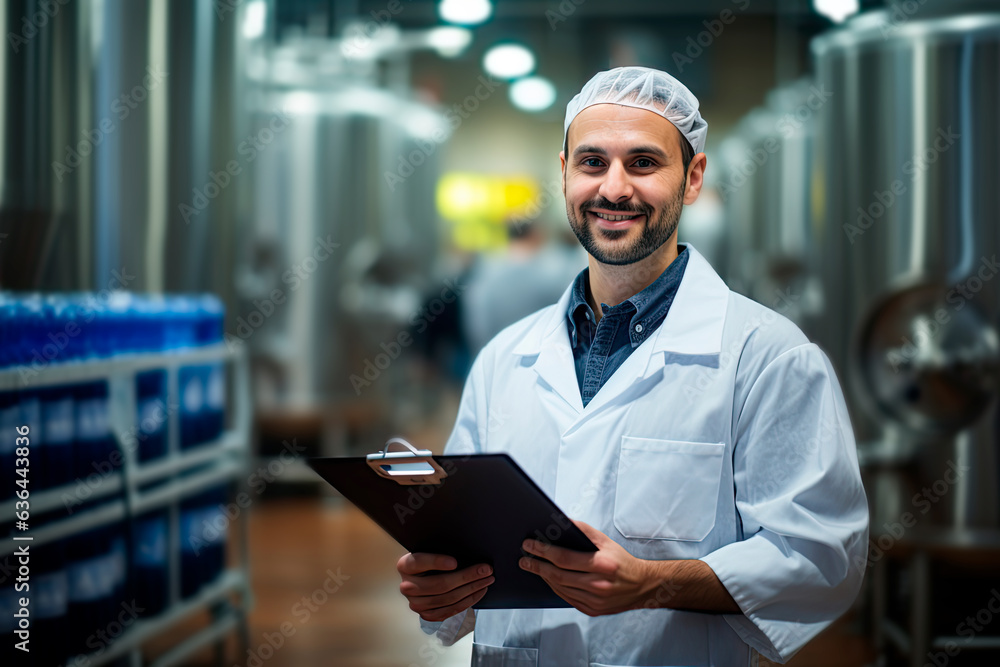 Food industry factory interior with positive smiling technologist holding a checklist. The production worker is satisfied with the results and quality control. - obrazy, fototapety, plakaty 