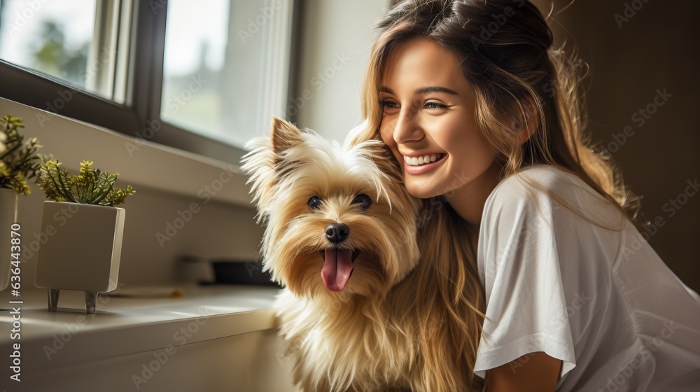 Young Woman with her dog, generative ai Young Woman with her dog, generative ai