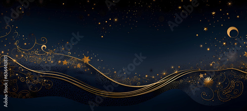 dark christmas background with golden curves, stars and particles. AI Generated.