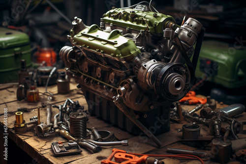 disassembled engine and spare parts on the table in the garage. AI Generated.