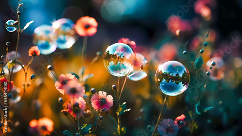 Bright colored flowers. Soap bubbles. Magic light, bokeh. Illuminated by the light of sunset Generative AI technology.