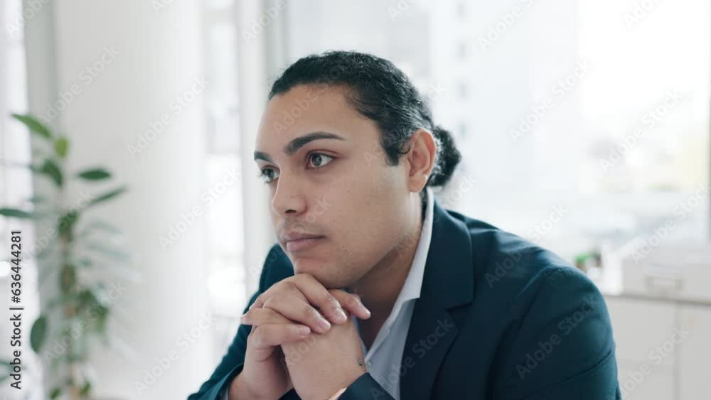 Sitting, corporate and businessman in an office for thinking, planning or a vision. Workspace, young professional and a serious male employee or worker with an idea, strategy or working at an agency Sitting, corporate and businessman in an office for thinking, planning or a vision. Workspace, young professional and a serious male employee or worker with an idea, strategy or working at an agency