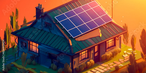 Illustrates the use of solar panels for clean electricity. Depicts a house with a roof made of solar panels. Promotes the benefits of renewable energy and sustainable development.