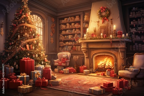 christmas tree with christmas gift stack in a cozy living room setting, with a warm fireplace glowing in the background, evoking the holiday spirit