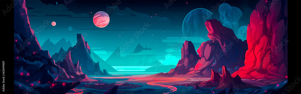 Space background with alien planet landscape with craters and cracks. cartoon fantasy illustration of blue sky galaxy with gas giant and moon and earth surface with rocks - obrazy, fototapety, plakaty 