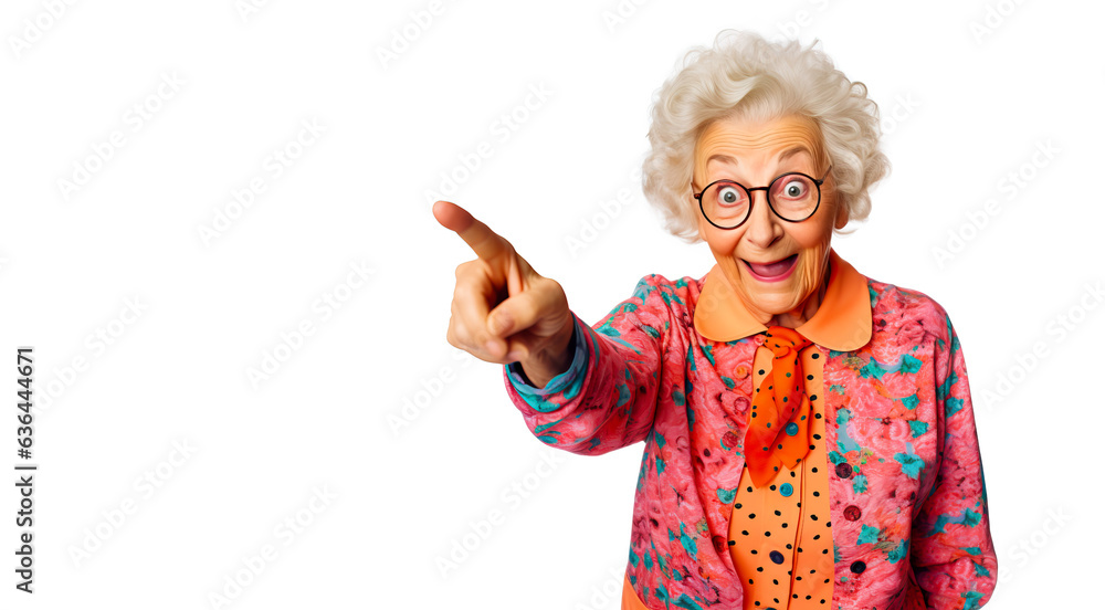 Sweet old lady pointing with her finger. Isolated on white with copy space. Sweet old lady pointing with her finger. Isolated on white with copy space.