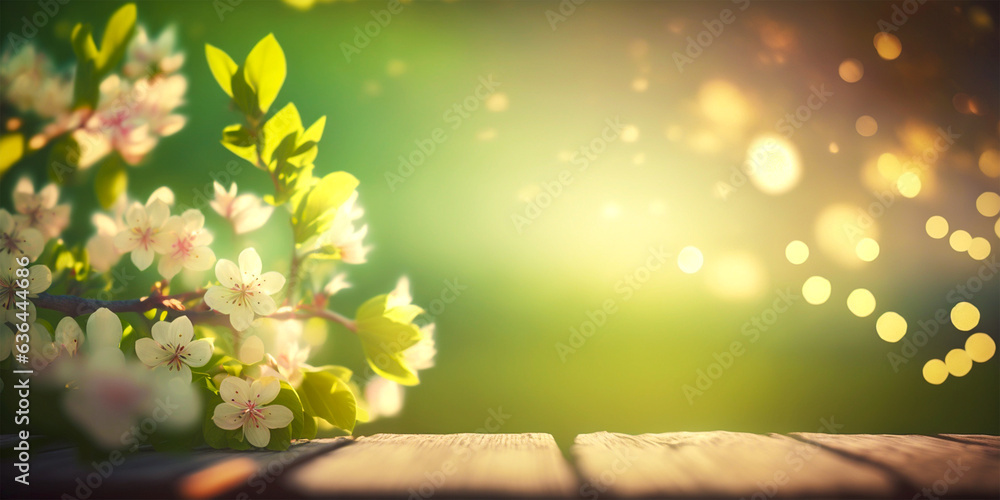 Beautiful spring flowers on a wooden table The garden is filled with bright greenery A serene and peaceful atmosphere