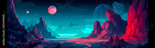 Space background with alien planet landscape with craters and cracks. cartoon fantasy illustration of blue sky galaxy with gas giant and moon and earth surface with rocks