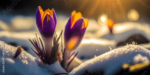 Beautiful spring flowers emerge from under the snow A symbol of new beginnings a Fototapeta