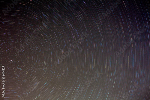 Night photograph taken in the sky of the northern hemisphere with a long exposure creating lines with the stars of the universe.